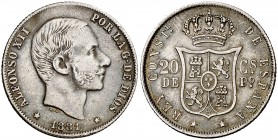 1881/0. Alfonso XII. Manila. 20 centavos. (Cal. 88 var) (Basso 65b). 5 g. Rectificación muy clara. Preciosa pátina. MBC.