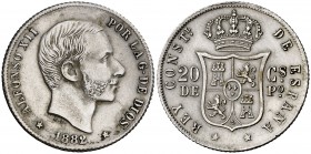 1882/1. Alfonso XII. Manila. 20 centavos. (Cal. 89 var) (Basso 65c). 5,12 g. Ex Áureo 21/01/1987, nº 1332. Muy escasa. EBC-.