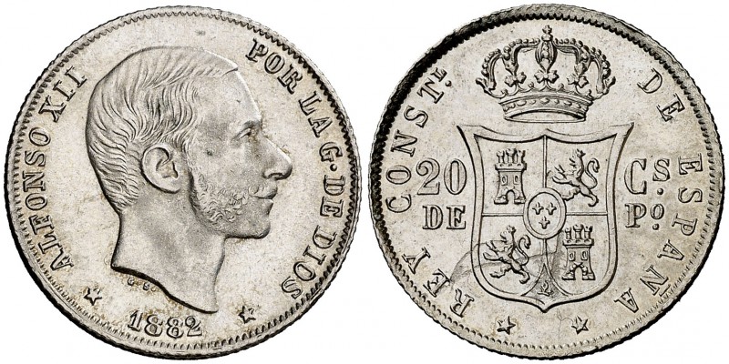 1882. Alfonso XII. Manila. 20 centavos. (Cal. 89) (Basso 65). 5,19 g. Pequeña fa...