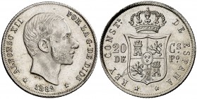1882. Alfonso XII. Manila. 20 centavos. (Cal. 89) (Basso 65). 5,19 g. Pequeña falta de metal en reverso, por interposición de un cuerpo extraño en el ...