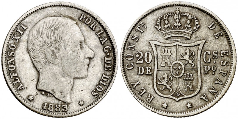 1883/2. Alfonso XII. Manila. 20 centavos. (Cal. 90 var) (Basso 65 var). 5,08 g. ...