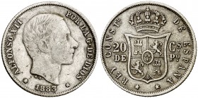 1883/2. Alfonso XII. Manila. 20 centavos. (Cal. 90 var) (Basso 65 var). 5,08 g. Ex Áureo 02/07/1996, nº 937. Escasa. MBC-.