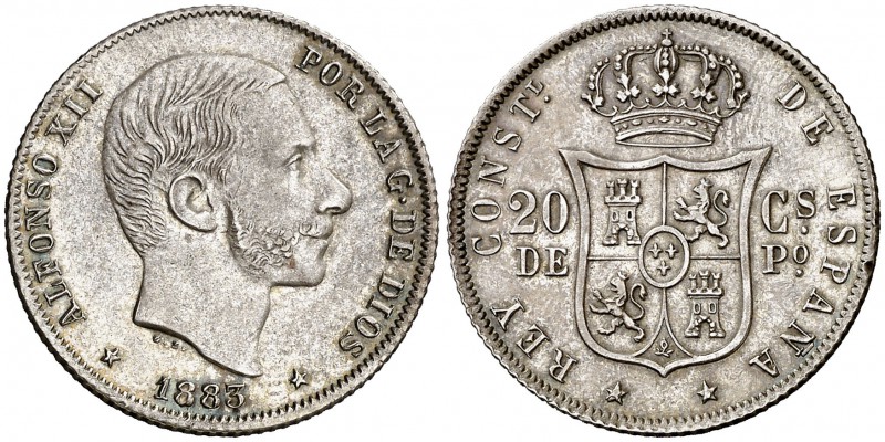 1883. Alfonso XII. Manila. 20 centavos. (Cal. 90) (Basso 65). 5,21 g. Mínimo gol...