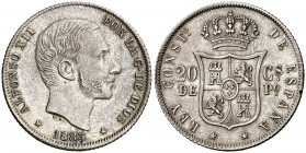 1883. Alfonso XII. Manila. 20 centavos. (Cal. 90) (Basso 65). 5,21 g. Mínimo golpecito. Bella. Brillo original. Rara así. EBC.