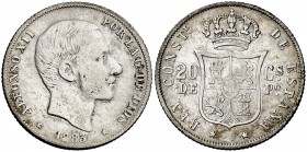 1883. Alfonso XII. Manila. 20 centavos. (Cal. 90) (Basso 65). 5,13 g. El primer 8 de la fecha doblemente acuñado. MBC-.