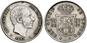 1883. Alfonso XII. Manila. 20 centavos. (Cal. 90) (Basso 65 var). 5,18 g. Estrella del reverso de puntas irregulares. Buen ejemplar. MBC+.