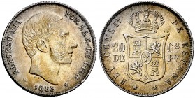1883. Alfonso XII. Manila. 20 centavos. (Cal. 90) (Basso 65d). 5,14 g. Fecha totalmente sobregrabada. Preciosa pátina. Rara así. EBC+.