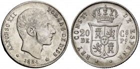 1884. Alfonso XII. Manila. 20 centavos. (Cal. 91) (Basso 65). 4,86 g. Leves rayitas, pero buen ejemplar. Brillo original. Ex Áureo 15/12/1992, nº 851....