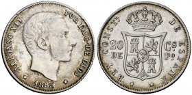 1885. Alfonso XII. Manila. 20 centavos. (Cal. 92) (Basso 65). 5,14 g. Bonito color. EBC-.