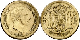1880. Alfonso XII. Manila. 50 centavos. (Kr. Deluxe ANA Centennial Edition Pn8). 13,33 g. Prueba en latón realizada con posterioridad. Reverso coincid...