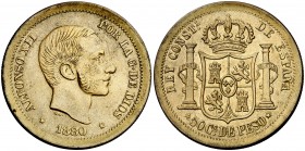 1880. Alfonso XII. Manila. 50 centavos. (Kr. Deluxe ANA Centennial Edition Pn8 var). 12,24 g. Prueba en latón realizada con posterioridad. Reverso no ...