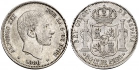 1880. Alfonso XII. Manila. 50 centavos. (Cal. 78) (Basso 66). 12,99 g. Leves marquitas. Buen ejemplar. Parte de brillo original. Rara así. MBC+/EBC-.