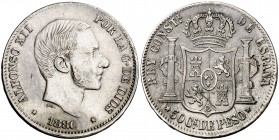 1880. Alfonso XII. Manila. 50 centavos. (Cal. 78) (Basso 66 var). 12,90 g. El 0 de la fecha parcialmente acuñado. Rayitas. Ex Áureo 11/03/2010, nº 154...