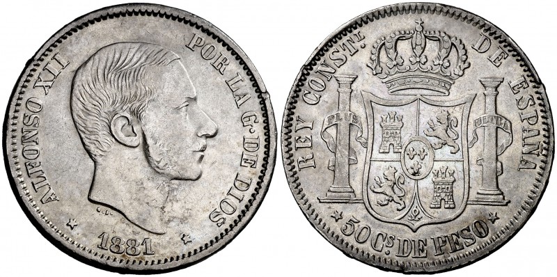 1881. Alfonso XII. Manila. 50 centavos. (Cal. 79) (Basso 66). 12,88 g. Golpecito...