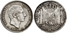 1881. Alfonso XII. Manila. 50 centavos. (Cal. 79) (Basso 66). 12,95 g. El segundo 8 de la fecha más alto. MBC+.