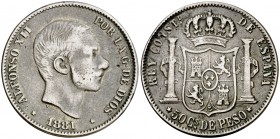 1881. Alfonso XII. Manila. 50 centavos. (Barrera falta). 10,06 g. Falsa de época fundida en cobre. (MBC-).