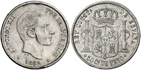 1882. Alfonso XII. Manila. 50 centavos. (Cal. 82) (Basso 66). 12,90 g. Golpe en canto. Parte de brillo original. MBC+.