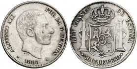 1883. Alfonso XII. Manila. 50 centavos. (Cal. 83 var) (Basso 66 var). 12,65 g. El 3 de la fecha rectificado sobre otro mucho más inclinado. MBC-.