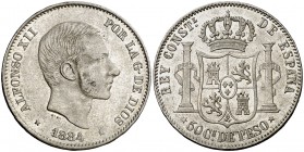 1884. Alfonso XII. Manila. 50 centavos. (Cal. 84) (Basso 66). 13,07 g. Buen ejemplar. Parte de brillo original. Ex Áureo 29/10/1992, nº 1090. Rara así...
