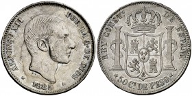 1885. Alfonso XII. Manila. 50 centavos. (Cal. 86) (Basso 66 var). 12,83 g. La fecha con ligera doble acuñación. Rayitas. MBC/MBC+.