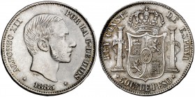 1885. Alfonso XII. Manila. 50 centavos. (Cal. 86 var) (Basso 66 var). 12,91 g. El primer 8 de la fecha rectificado sobre 3. Rara. EBC.