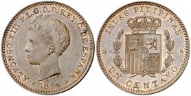 1894. Alfonso XIII. Manila. 1 centavo. (Cal. pág. 844) (Basso 93) (Kr. Deluxe ANA Centennial Edition Pn9). 5 g. Grabador: Bartolomé Maura. Bellísima. ...