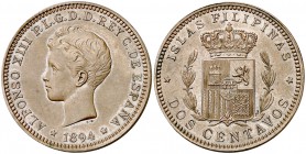 1894. Alfonso XIII. Manila. 2 centavos. (Cal. pág. 844) (Basso 92) (Kr. Deluxe ANA Centennial Edition Pn10). 9,82 g. Grabador: Bartolomé Maura. Bella....