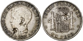 1897. Alfonso XIII. Manila. SGV. 1 peso. 24,92 g. Resellos orientales grandes en anverso y reverso, raros sobre esta moneda. Pátina. Ex Áureo 22/10/19...