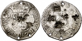 1750. Fernando VI. México. 2 reales. 6,61 g. Columnario. Tres perforaciones y varios resellos orientales grandes. Rara. (BC+).