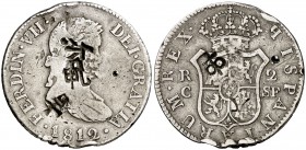 1812. Fernando VII. Catalunya (Mallorca). SF. 2 reales. 5,52 g. Sin punto entre los ensayadores. Varios resellos orientales grandes en ambas caras. BC...
