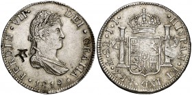 1819. Fernando VII. México. JJ. 2 reales. 6,71 g. Un resello oriental grande en anverso. EBC.