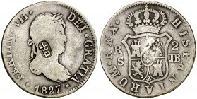 1827. Fernando VII. Sevilla. JB. 2 reales. 5,59 g. Un resello oriental grande en anverso, muy nítido, en cartucho. BC+.