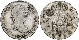 1833. Fernando VII. Sevilla. JB. 2 reales. 5,80 g. Resello oriental grande, en óvalo, en anverso. Golpes y hojita. Ex Áureo 27/02/2002, nº 1110. (BC+)...