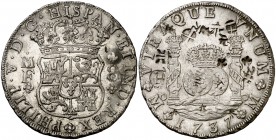 1737. Felipe V. México. MF. 8 reales. 26,92 g. Columnario. Resellos orientales. Bella. Parte de brillo original. Rara así. EBC.