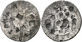 1739. Felipe V. México. MF. 8 reales. 26 g. Columnario. Resellos orientales grandes. MBC.