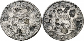 1741. Felipe V. México. MF. 8 reales. 26,74 g. Columnario. Resellos orientales grandes. MBC.