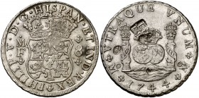 1744. Felipe V. México. MF. 8 reales. 26,96 g. Columnario. Resellos orientales grandes. Bella. Brillo original. Rara así. EBC.