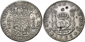 1756. Fernando VI. México. MM. 8 reales. 26,95 g. Columnario. Resellos orientales. MBC.