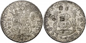 1756. Fernando VI. México. MM. 8 reales. 26,82 g. Columnario. Resellos orientales. Bella. Brillo original. Rara así. EBC.