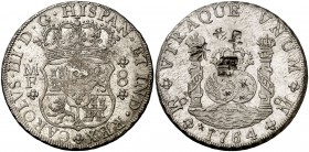 1764. Carlos III. México. MF. 8 reales. 27 g. Columnario. Resellos orientales. Bella. Parte de brillo original. EBC-.