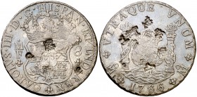 1766. Carlos III. México. MF. 8 reales. 26,64 g. Columnario. Resellos orientales grandes. Bonita pátina. EBC-.
