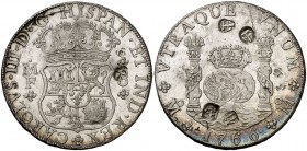 1766. Carlos III. México. MF. 8 reales. 27,18 g. Columnario. Resellos orientales grandes. Bella. Pleno brillo original. Rara así. EBC.