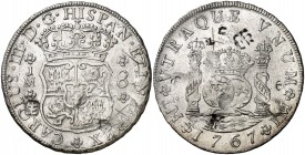 1767. Carlos III. Lima. JM. 8 reales. 26,99 g. Columnario. Resellos orientales. Buen ejemplar. Ex Áureo 30/06/1993, nº 453. MBC+.