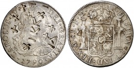 1790. Carlos IV. México. FM. 8 reales. 27 g. Busto de Carlos III. Ordinal IV. Resellos orientales grandes. MBC+.