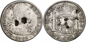 1793. Carlos IV. México. FM. 8 reales. (Cal. 686). 26,63 g. Resellos orientales grandes. MBC-.