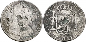 1799. Carlos IV. Lima. IJ. 8 reales. 26,11 g. Resellos orientales. MBC-.