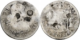 1801. Carlos IV. México. F (M ó T). 8 reales. 25,71 g. Resellos orientales. BC+.