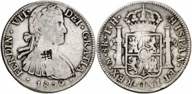 1809. Fernando VII. México. TH. 8 reales. 26,73 g. Busto imaginario. Un resello oriental grande. Ex Áureo 29/10/1992, nº 2635. MBC-.