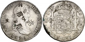 1825. Fernando VII. Potosí. JL. 8 reales. 27 g. Resellos orientales grandes. MBC.