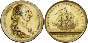 (hacia 1782). Carlos III. Fomento del Comercio y la Industria en Filipinas. (V. 56 var) (Basso 700 var). 45,79 g. Bronce dorado. 50 mm. Grabador: José...